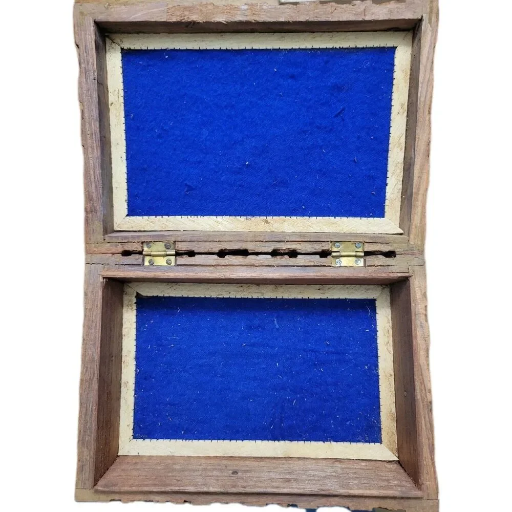 VTG PIER 1 IMPORTS HAND CARVED WOOD Jewelry Trinket Box Blue interior 6x8 Y2K